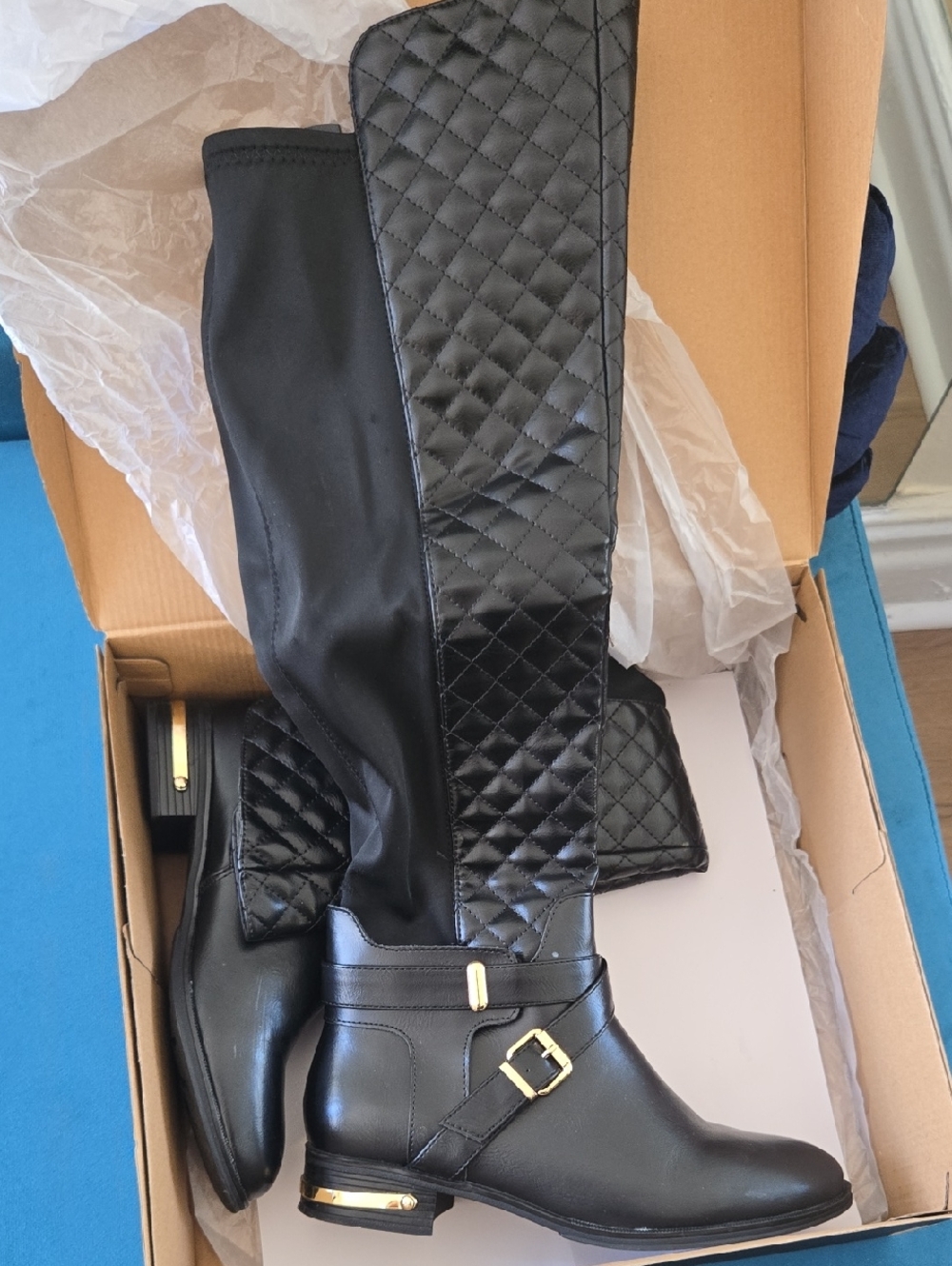 Black Quilted Tall Riding Boots with Gold Accents